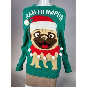 Imagin8 BAH HUM PUG Christmas Sweater Dog sewn pom poms Medium Green Acrylic